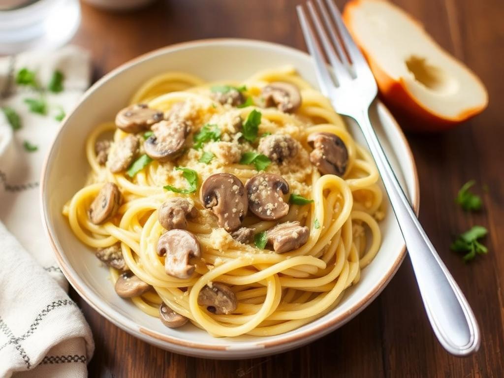Pasta Carbonara. Vegetarian Carbonara with Mushrooms