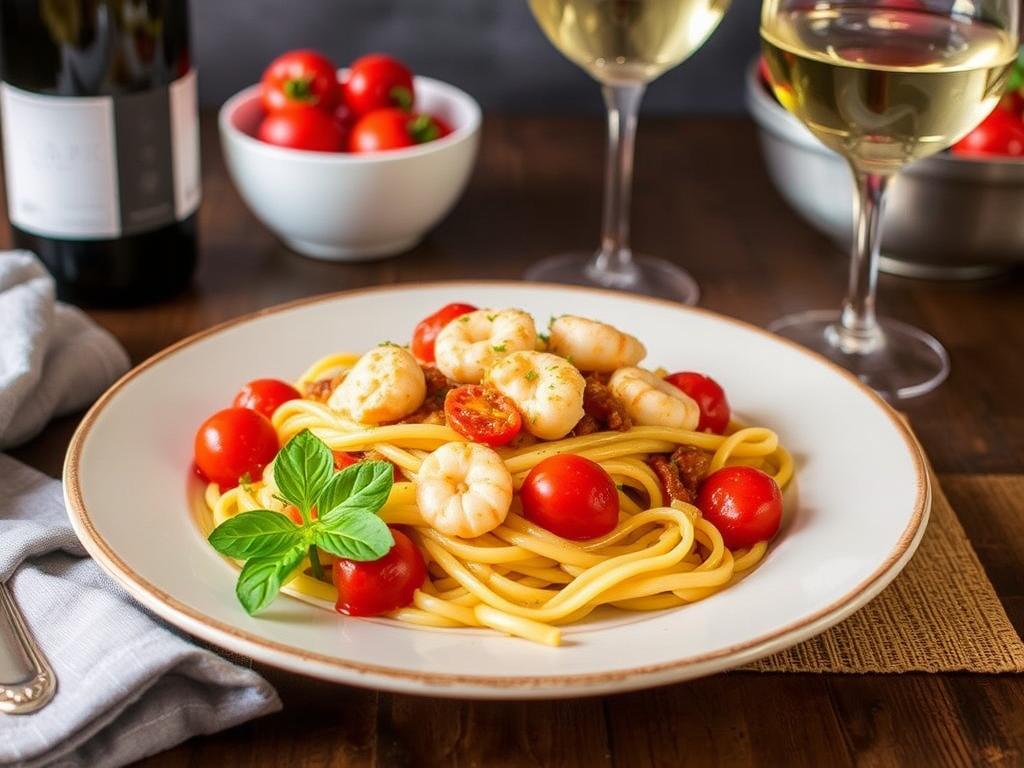 Pasta Trofi. 3. Seafood Trofi with Cherry Tomatoes and White Wine Pasta Trofi. 3. Seafood Trofi with Cherry Tomatoes and White Wine