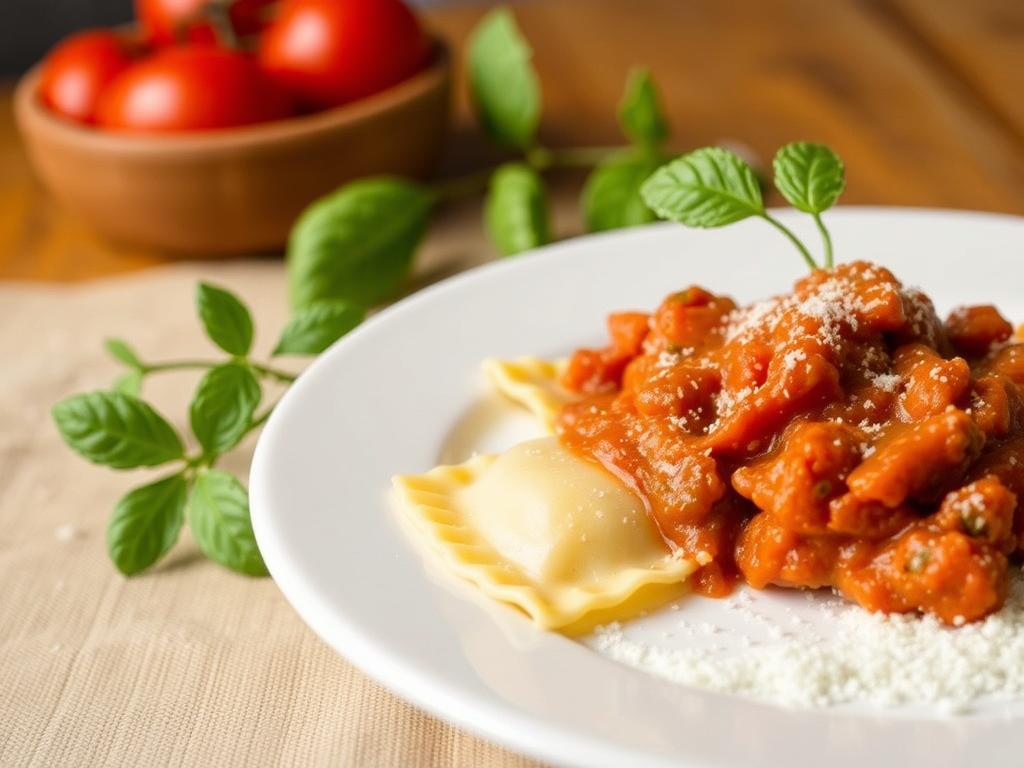 Pasta Ravioli. Meat Ravioli with Tomato Ragù