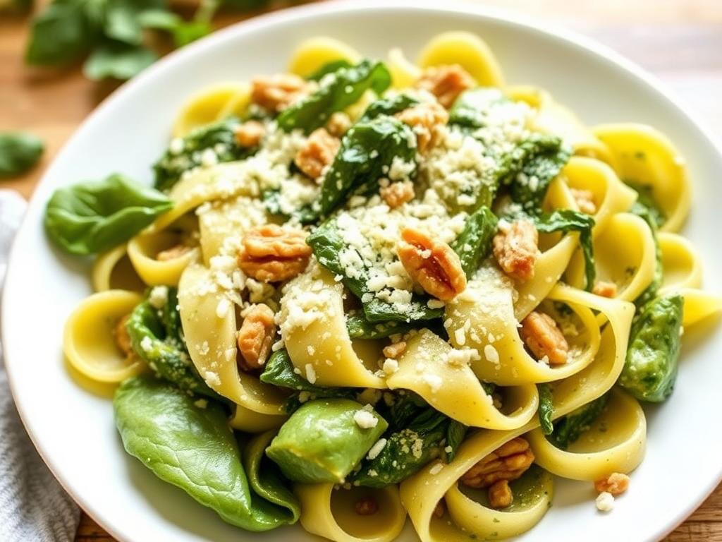Pasta Pappardelle. Vegan Spinach Pappardelle with Walnut Pesto