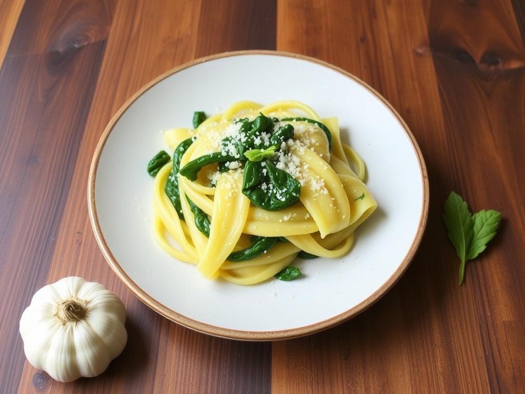 Pasta Reginetta Napoletane. 2. Light Spinach-Infused Reginetta with Garlic and Olive Oil Pasta Reginetta Napoletane. 2. Light Spinach-Infused Reginetta with Garlic and Olive Oil