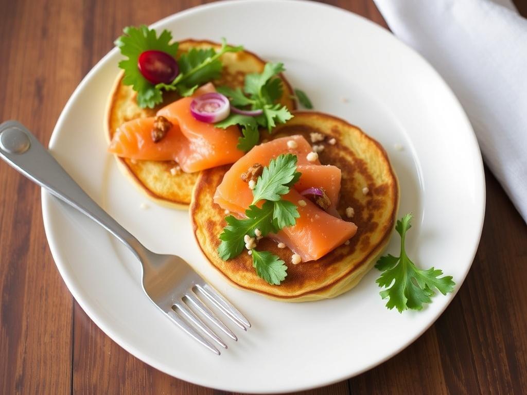 Pancakes with salmon and salad. Where it first appeared Pancakes with salmon and salad